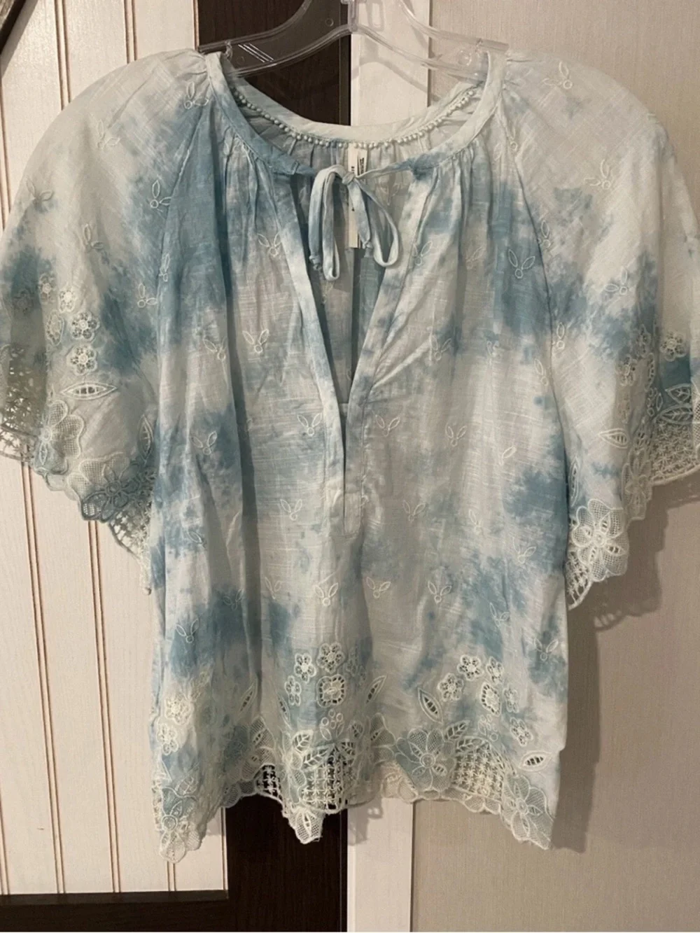 Anthropologie Embroidered Tie Dye Eyelet Boho Puff Sleeve Blouse Top XS